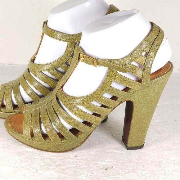 CHIE MIHARA Women's US7-7,5 EU38 Oliv Green Leather Caged Heels Strappy Sandals - Picture 2 of 16